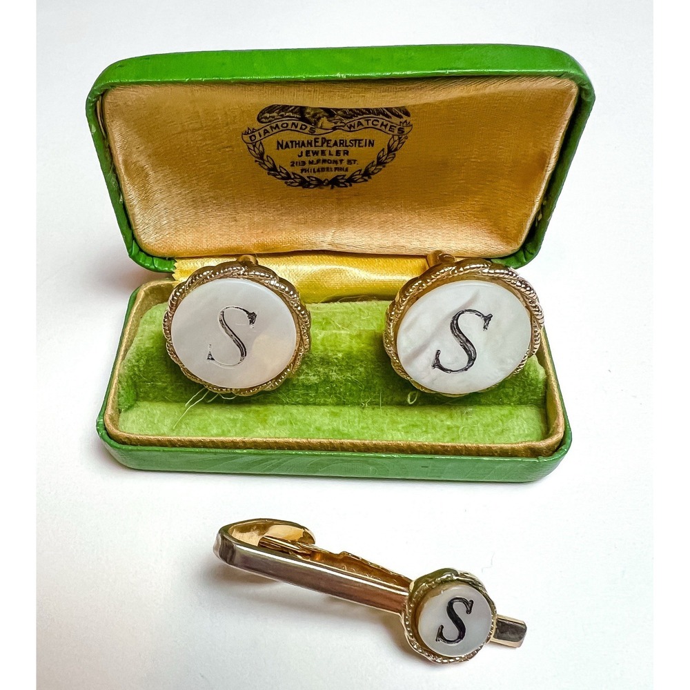 Vintage Monogram Initial S Letter Cuff Links Tie Bar Clip Mens Jewelry Mop Shell